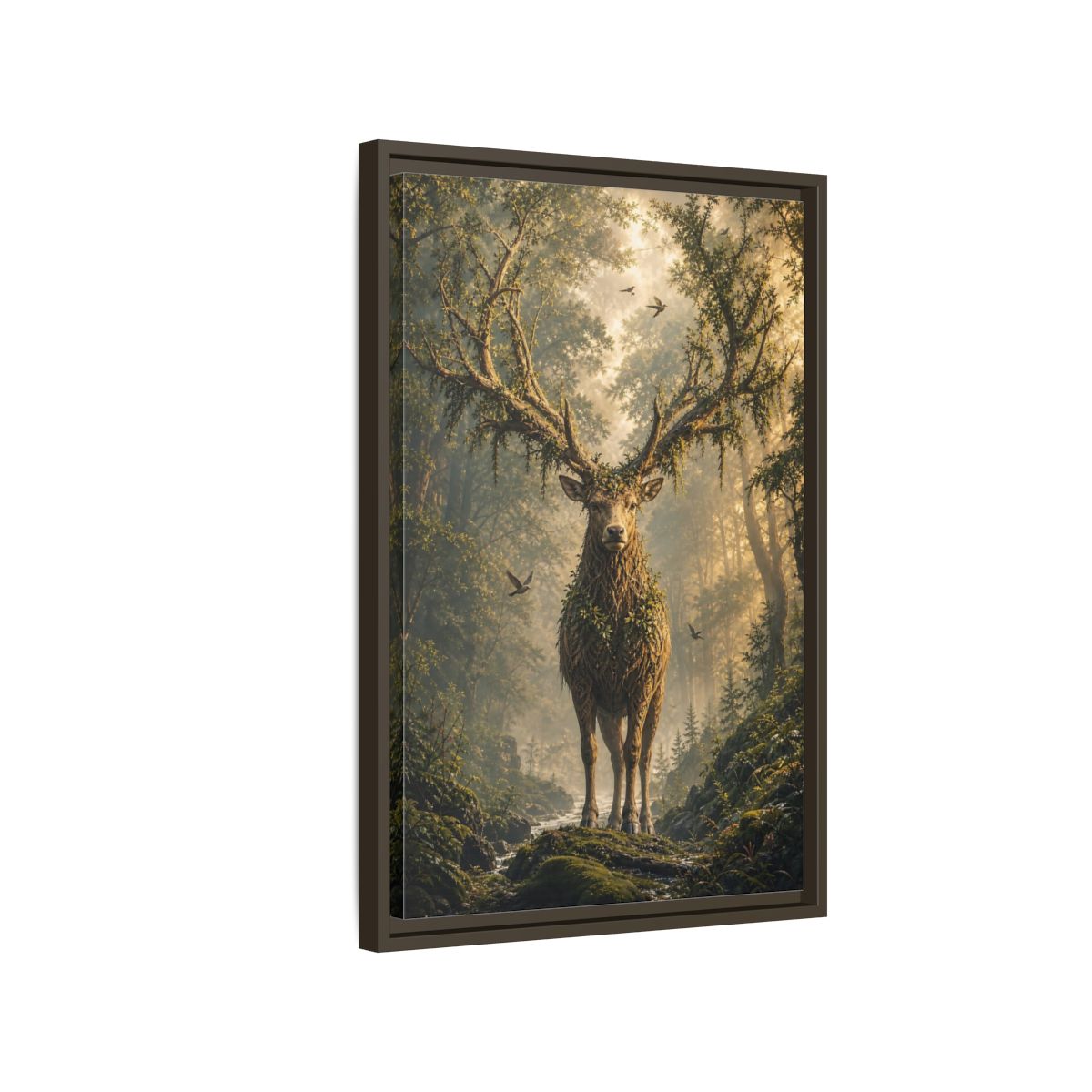 Nature Forest Deer Brown and Green Framed Canvas Wall Art - Living Room, Above Sofa, Gold shown as canvas wall art