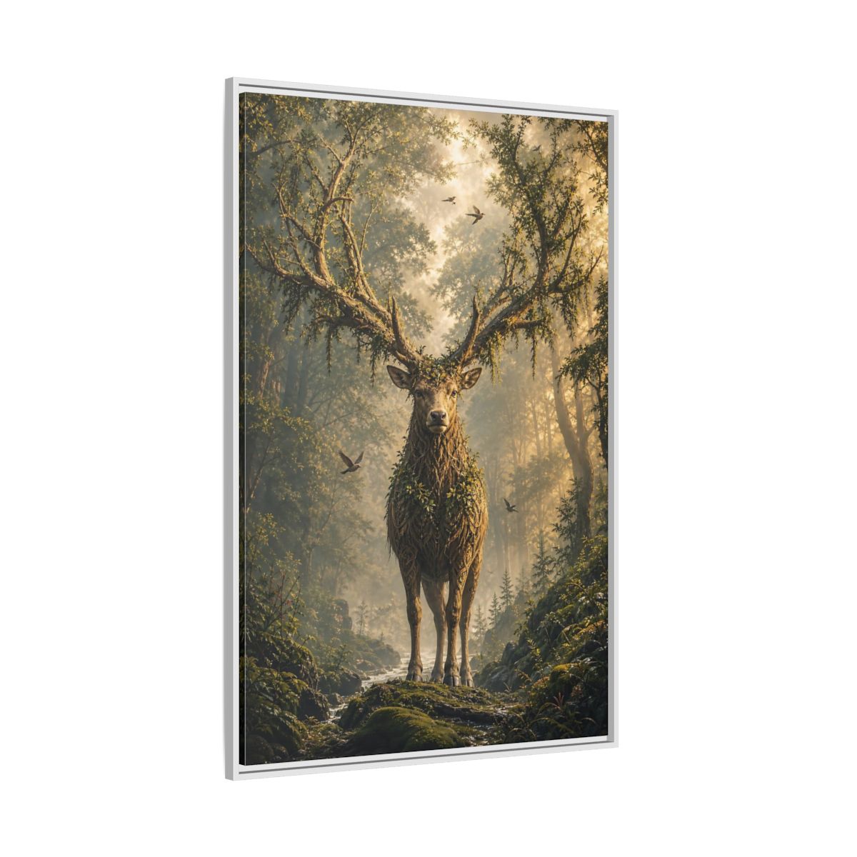 Nature Forest Deer Brown and Green Framed Canvas Wall Art - Living Room, Above Sofa, Gold shown as canvas wall art