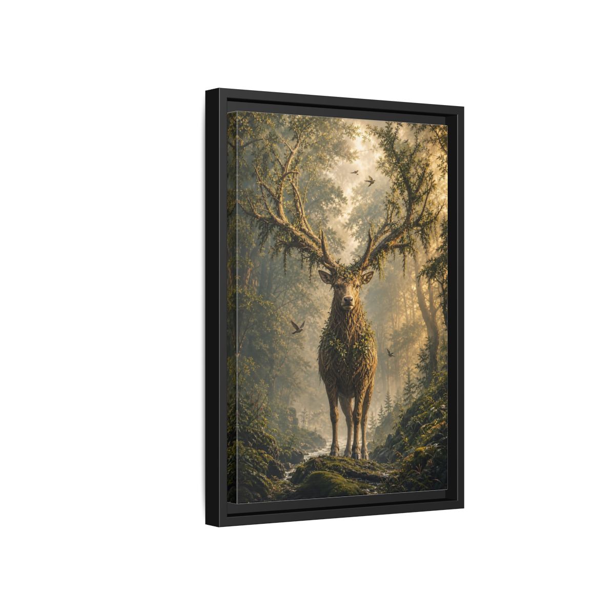 Nature Forest Deer Brown and Green Framed Canvas Wall Art - Living Room, Above Sofa, Gold shown as canvas wall art