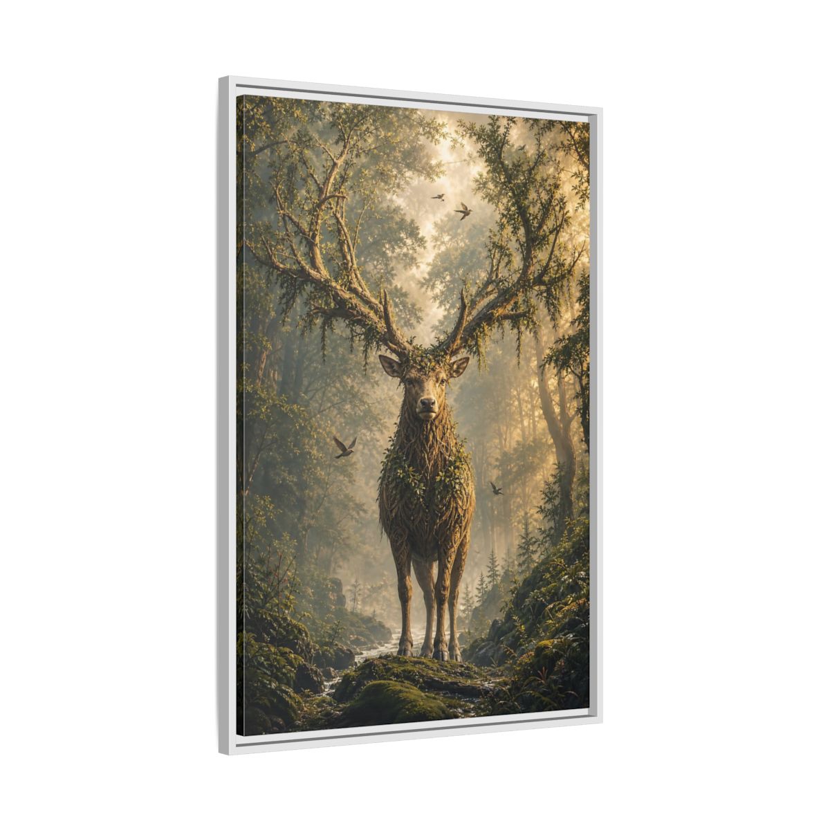 Nature Forest Deer Brown and Green Framed Canvas Wall Art - Living Room, Above Sofa, Gold shown as canvas wall art