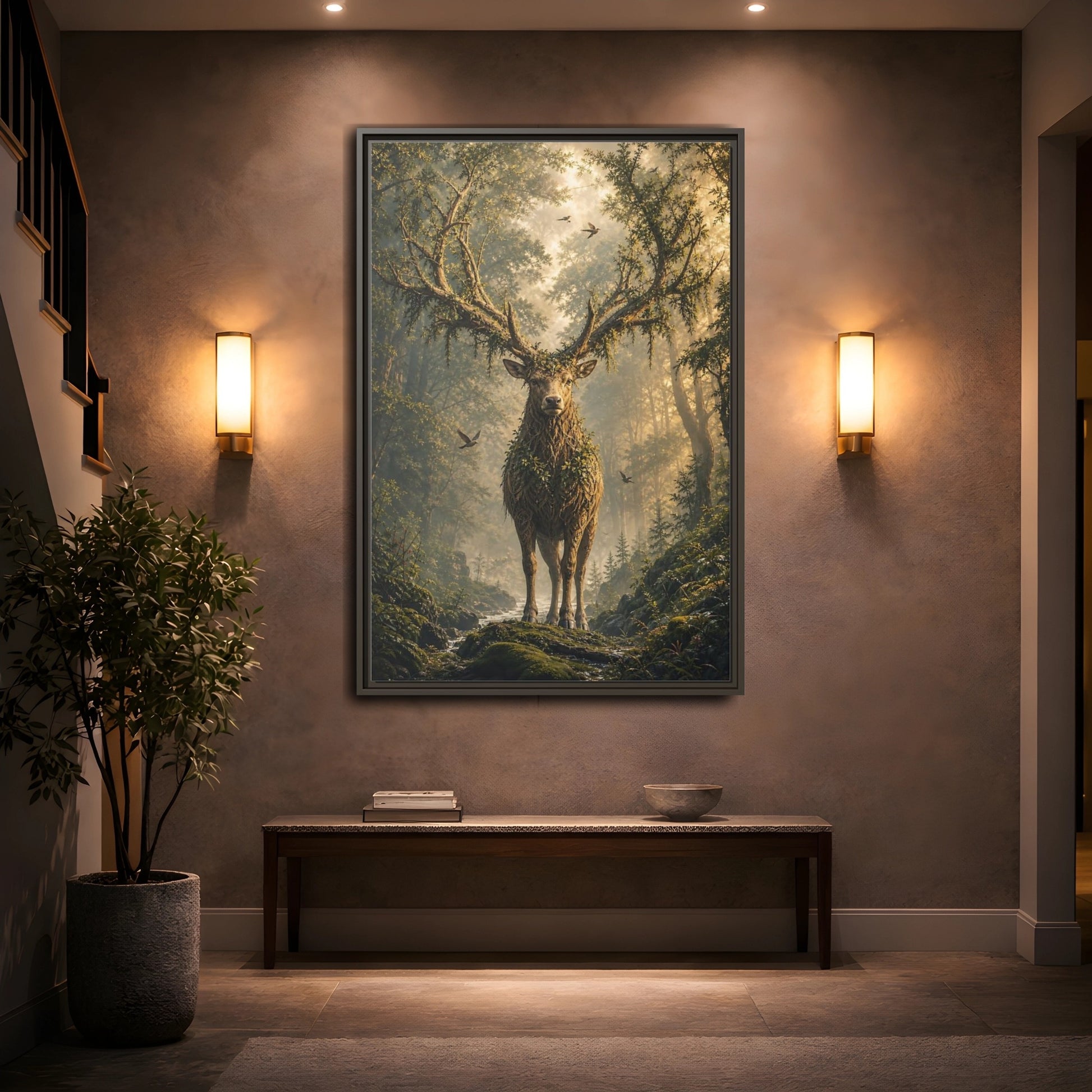 Nature Forest Deer Brown and Green Framed Canvas Wall Art - Living Room, Above Sofa, Gold shown as canvas wall art