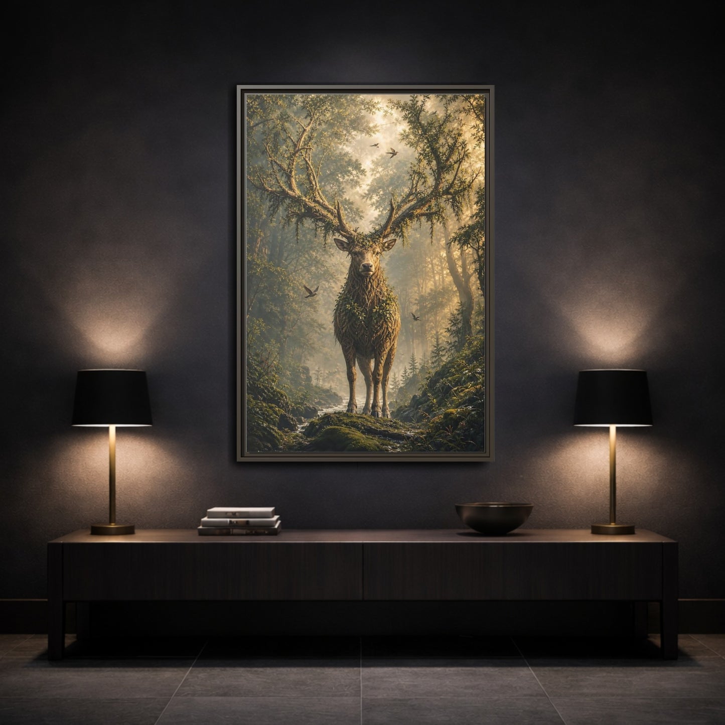 Nature Forest Deer Brown and Green Framed Canvas Wall Art - Living Room, Above Sofa, Gold shown as canvas wall art
