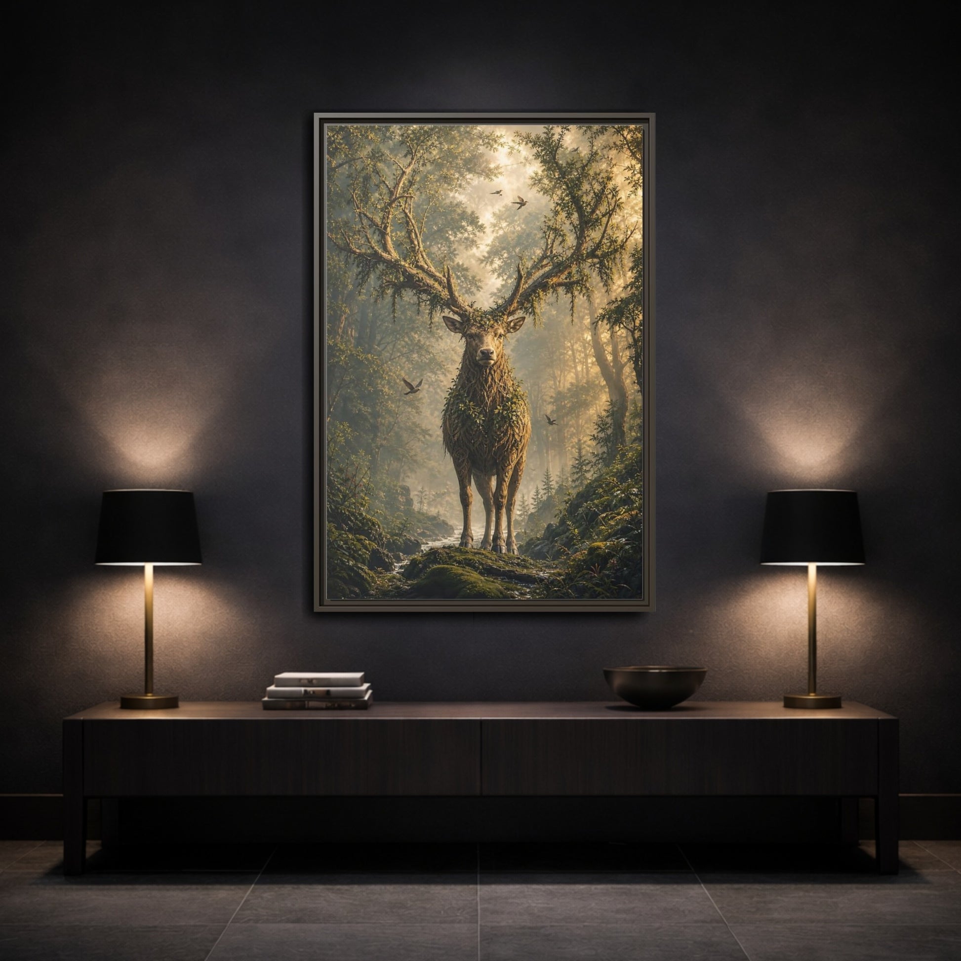 Nature Forest Deer Brown and Green Framed Canvas Wall Art - Living Room, Above Sofa, Gold shown as canvas wall art