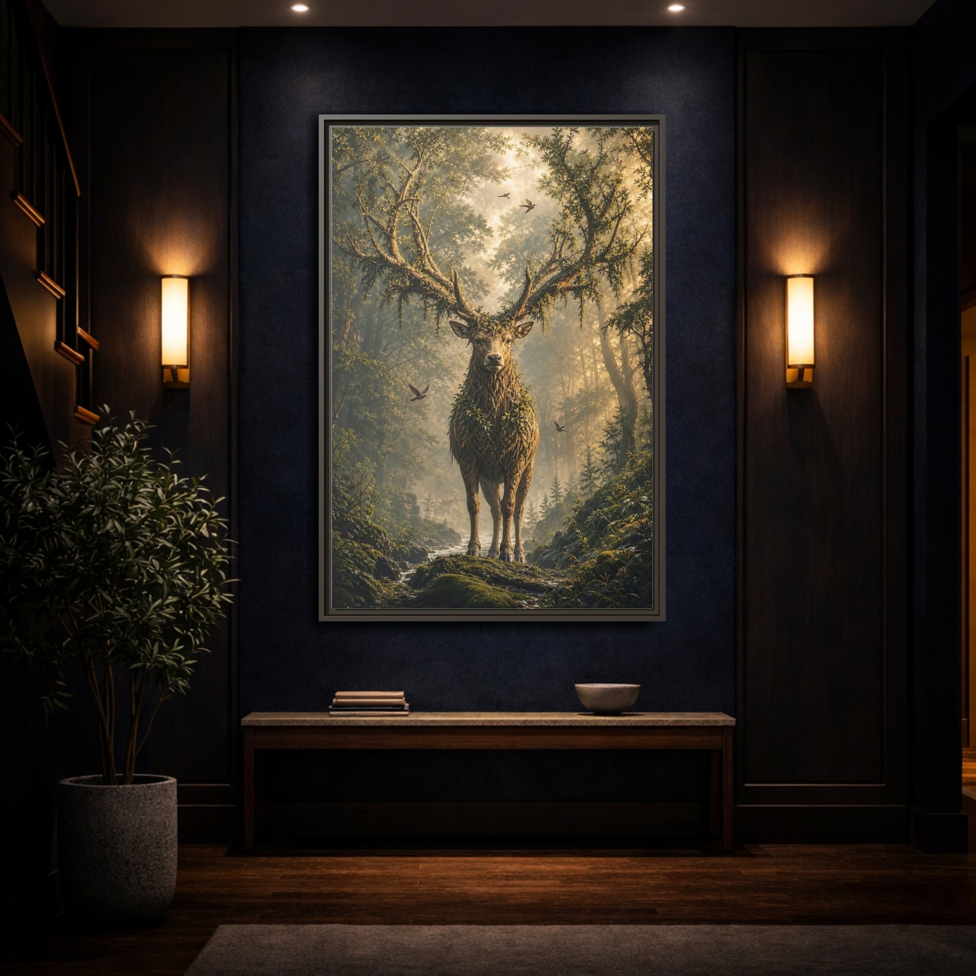 Nature Forest Deer Brown and Green Framed Canvas Wall Art - Living Room, Above Sofa, Gold shown as canvas wall art