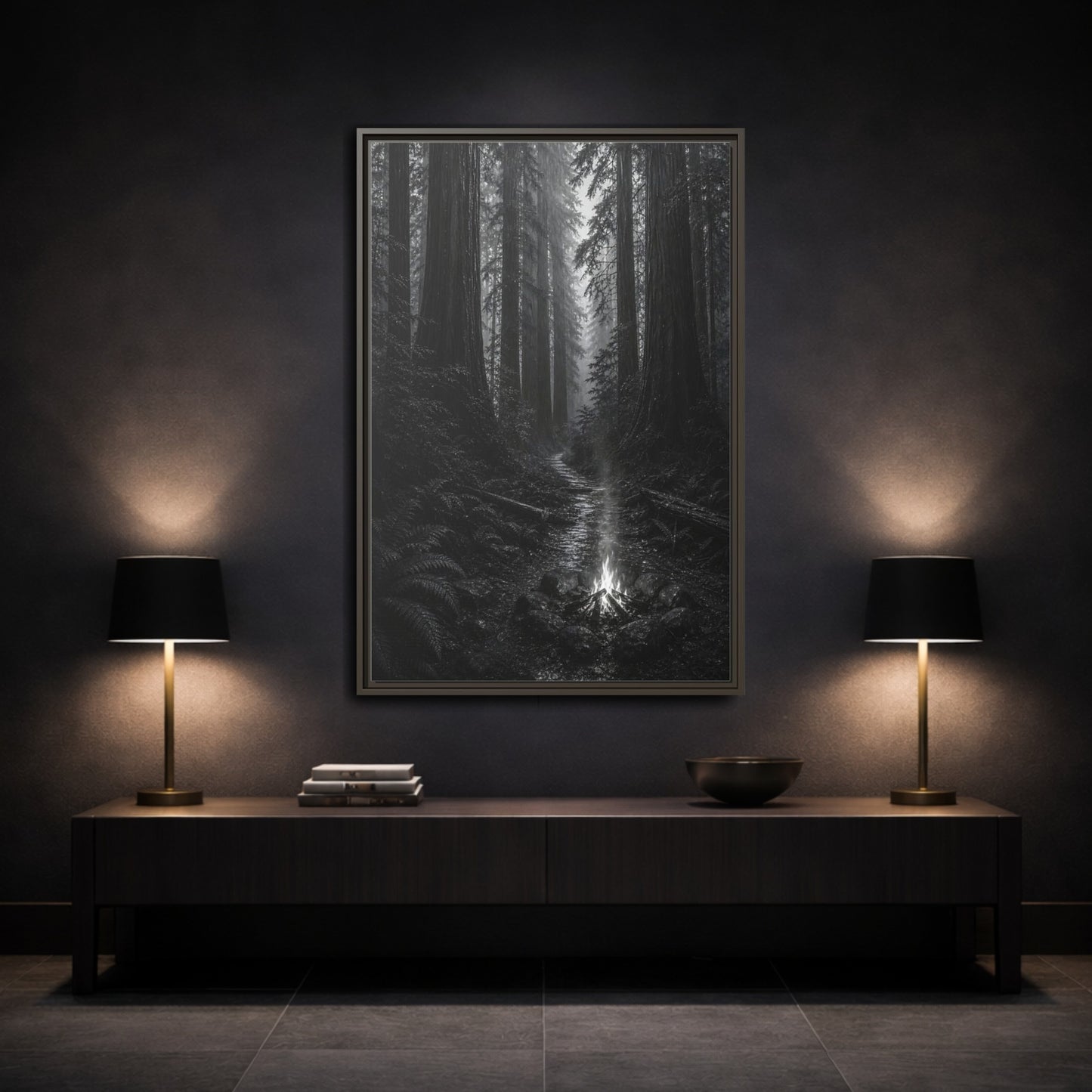 Mockup 3. Nature Forest Monochrome Forest shown as stretched canvas wall art