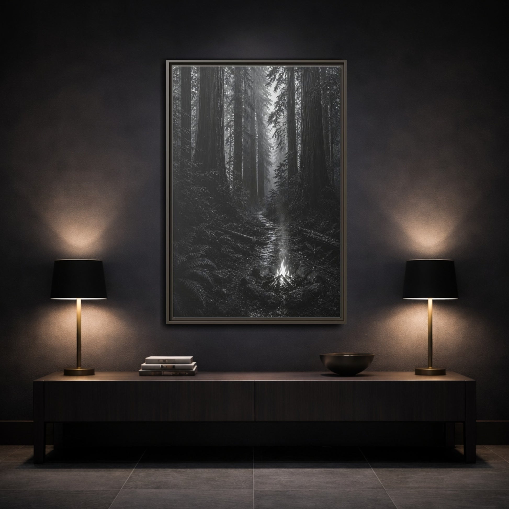 Mockup 3. Nature Forest Monochrome Forest shown as stretched canvas wall art