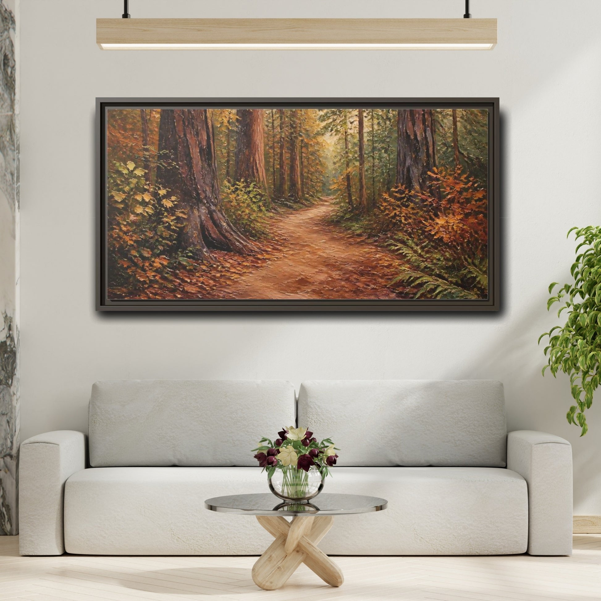 Mockup 2. Nature Forest Path Autumn Forest Path shown as stretched canvas wall art