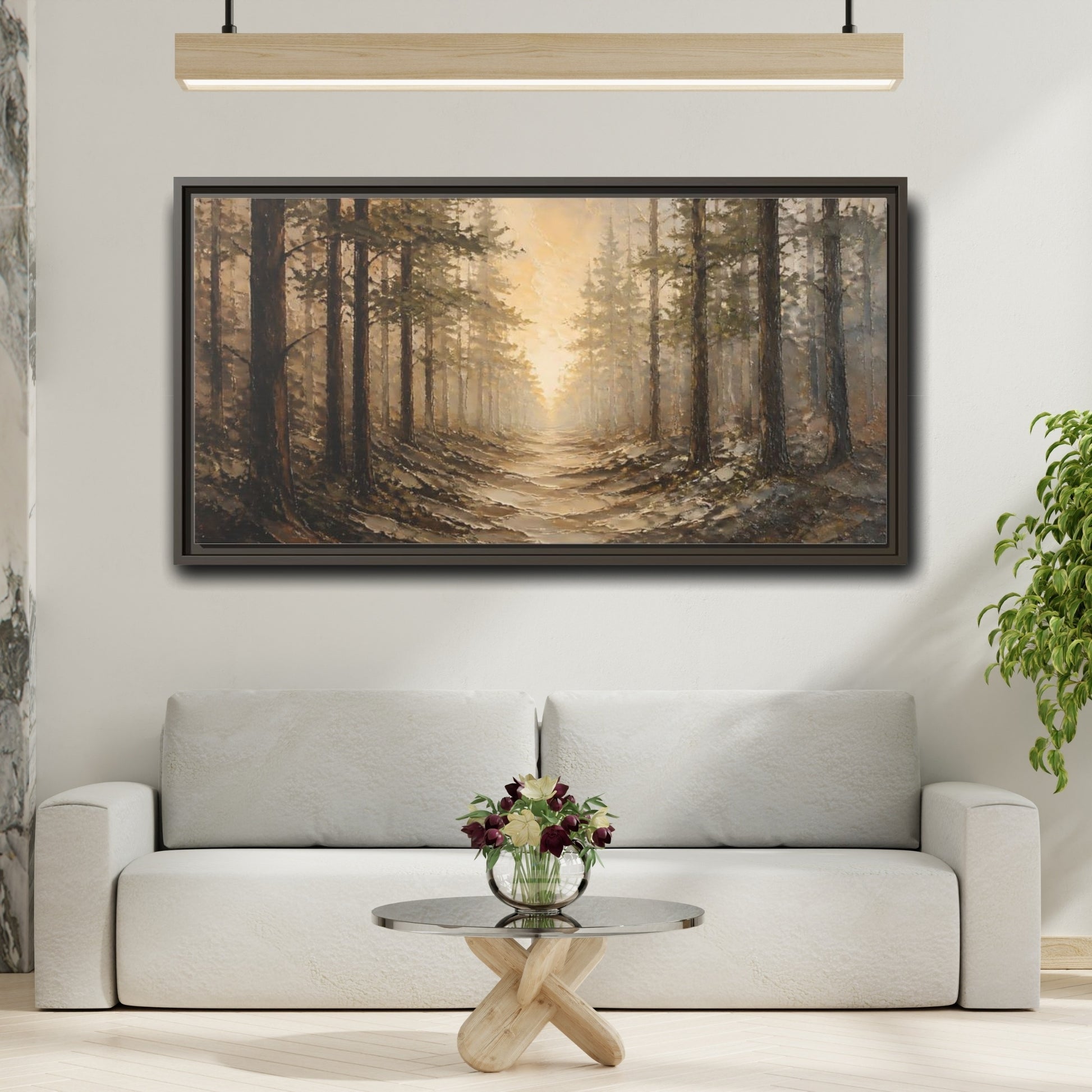 Mockup 2. Nature Forest Path Brown Golden Forest shown as stretched canvas wall art
