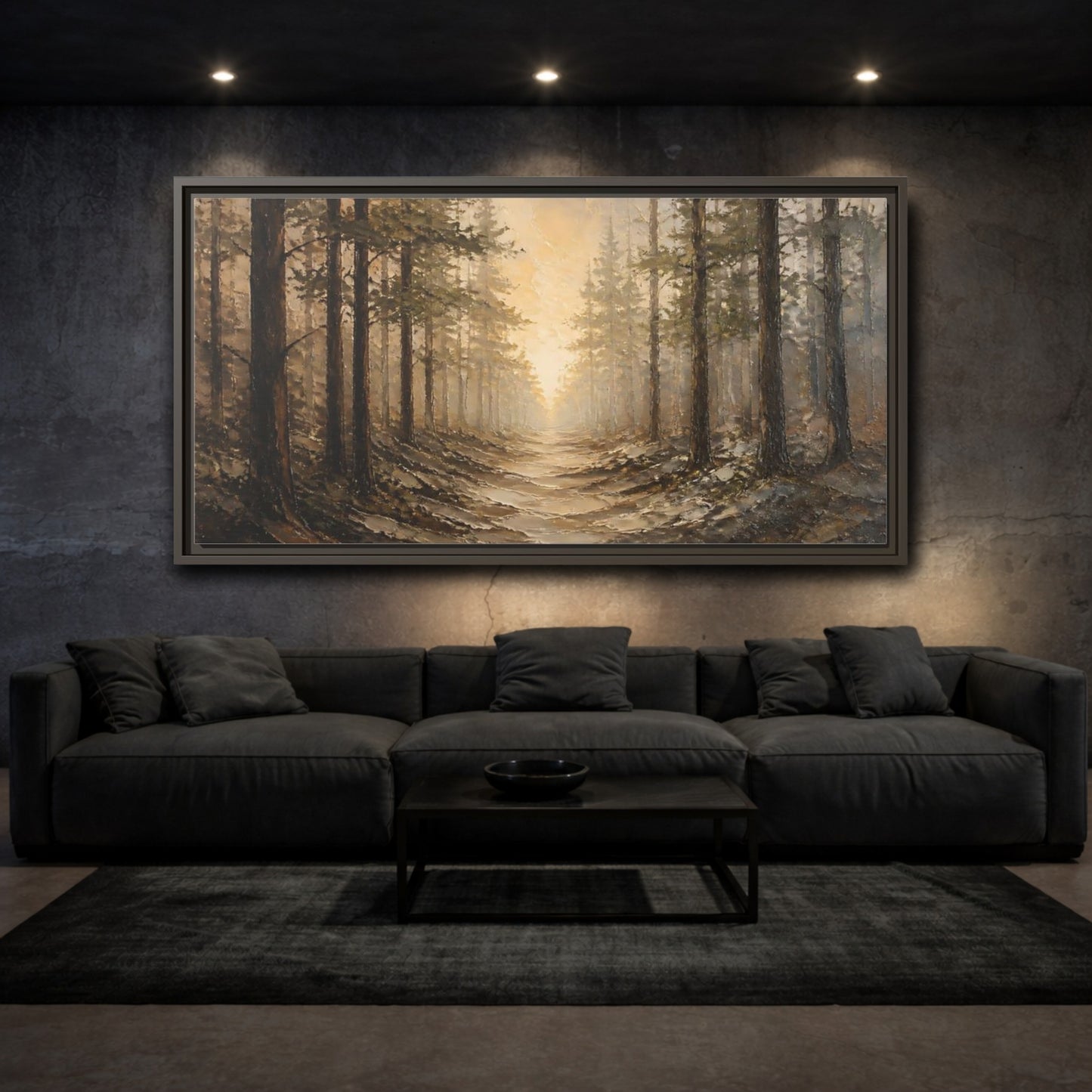 Mockup 3. Nature Forest Path Brown Golden Forest shown as stretched canvas wall art