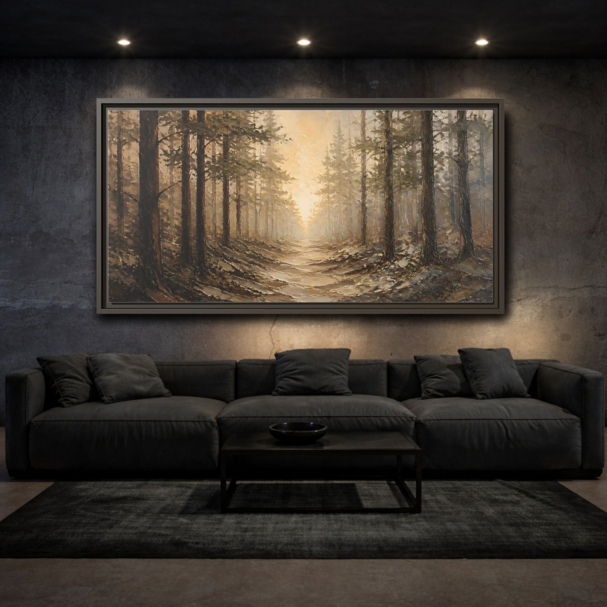 Mockup 3. Nature Forest Path Brown Golden Forest shown as stretched canvas wall art