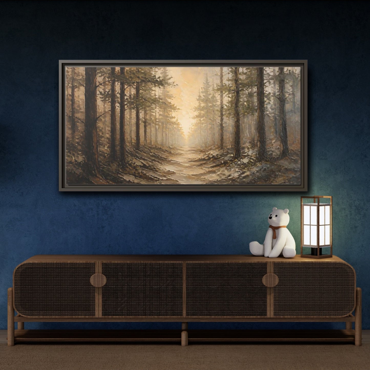 Mockup 4. Nature Forest Path Brown Golden Forest shown as stretched canvas wall art