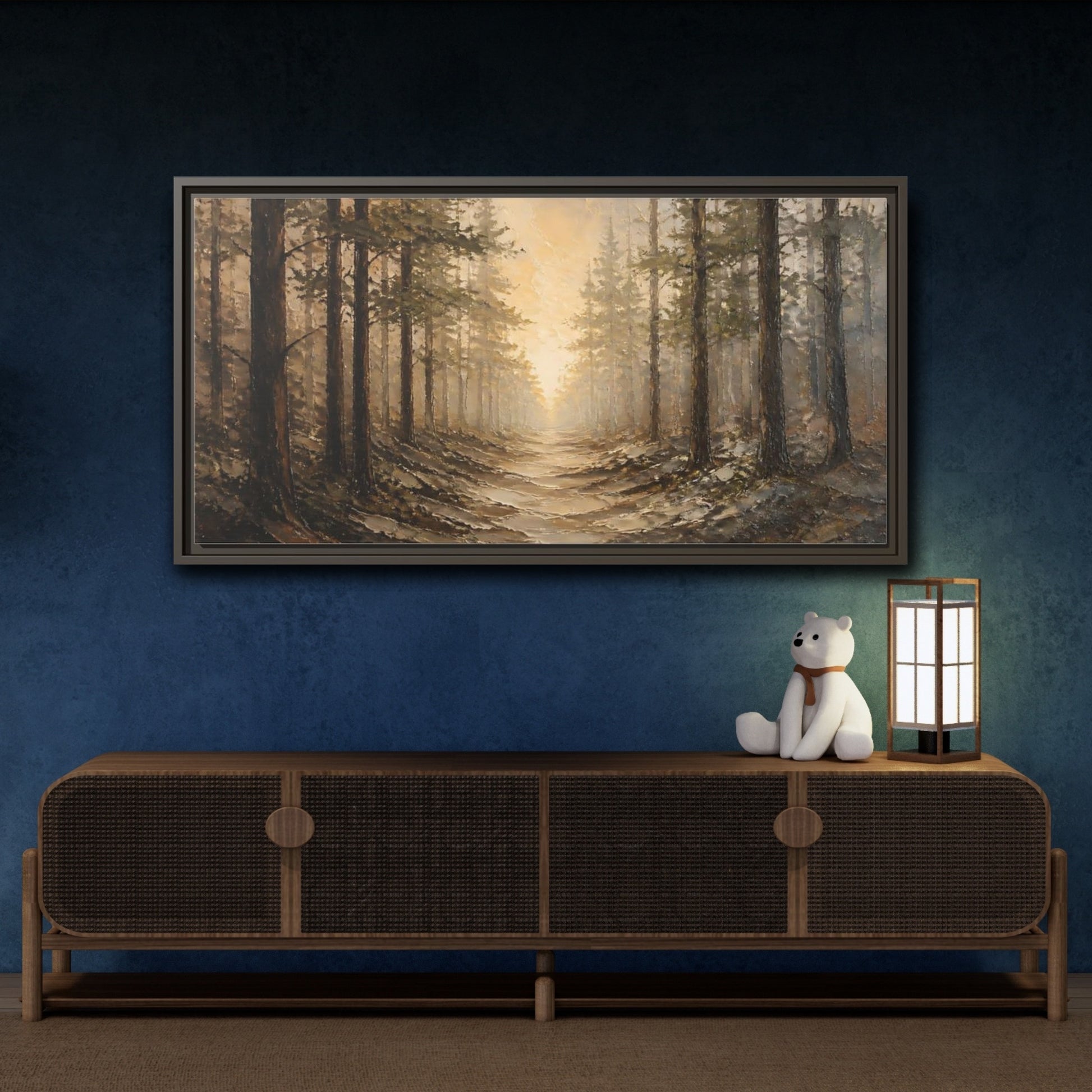Mockup 4. Nature Forest Path Brown Golden Forest shown as stretched canvas wall art