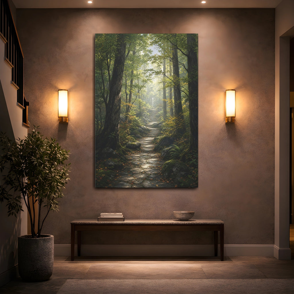 Mockup 2. Nature Forest Path Green Forest Path shown as stretched canvas wall art