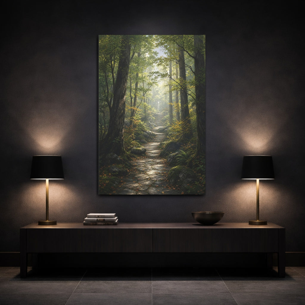 Mockup 3. Nature Forest Path Green Forest Path shown as stretched canvas wall art