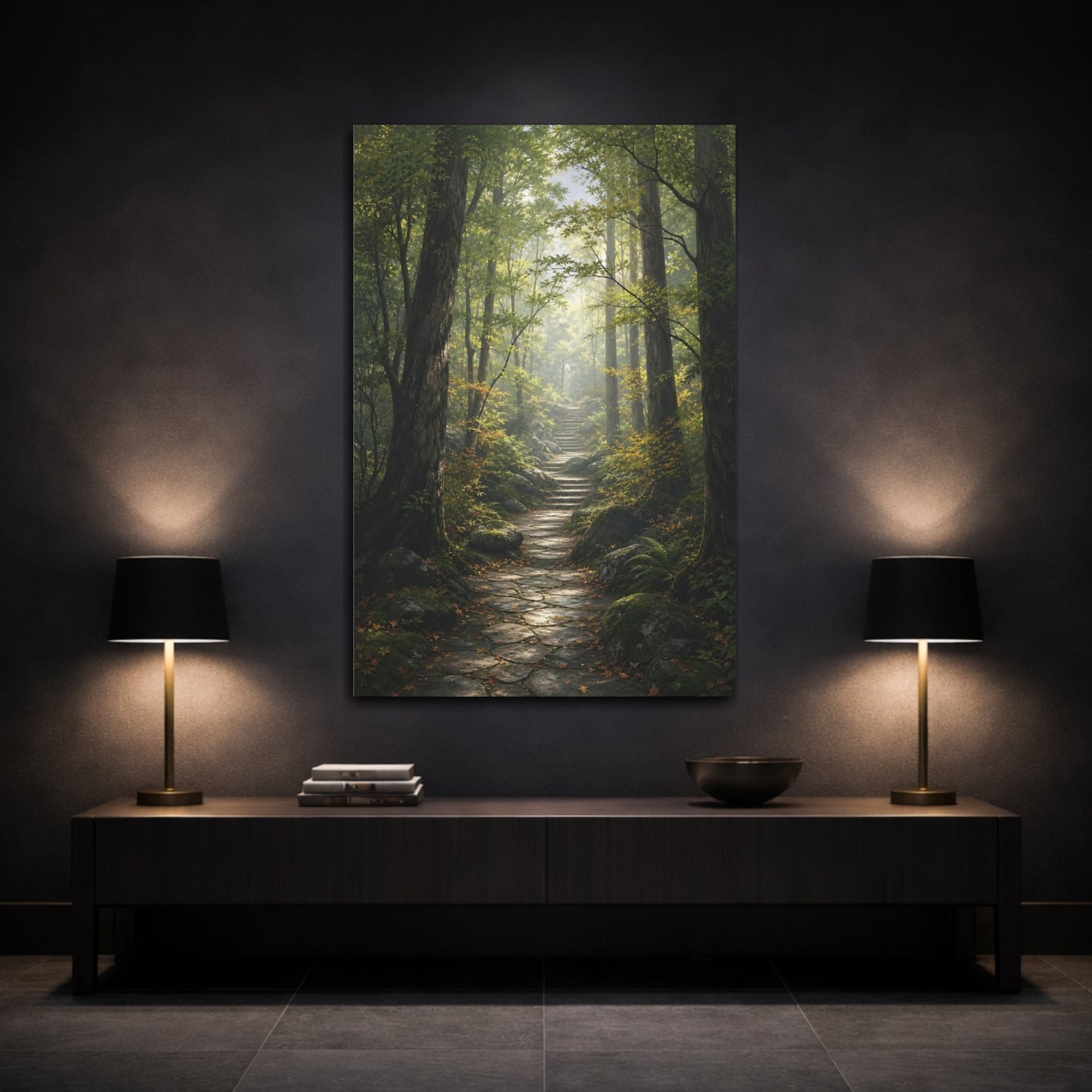Nature Forest Path Green Canvas Wall Art Print - Living Room Decor, Above Console Table shown as canvas wall art