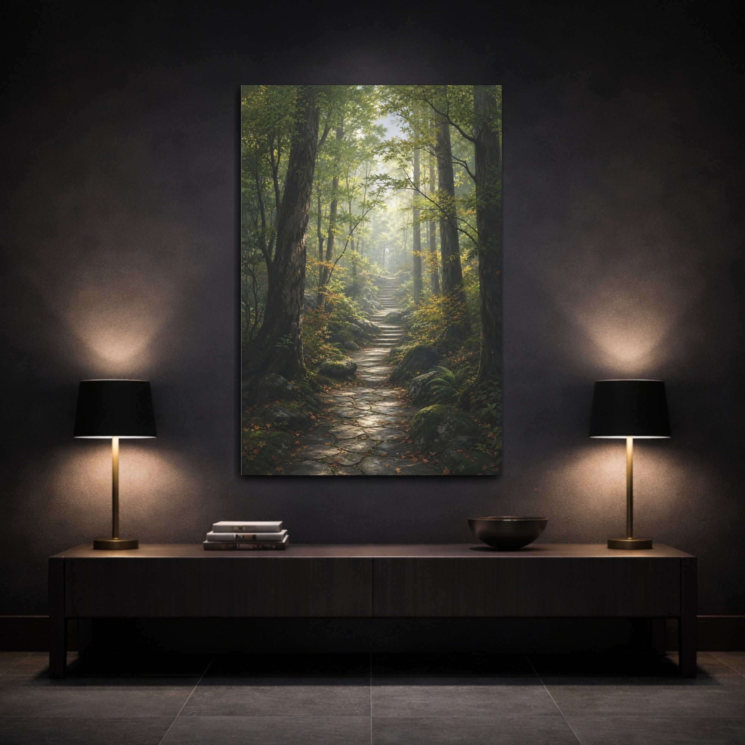 Mockup 3. Nature Forest Path Green Forest Path shown as stretched canvas wall art
