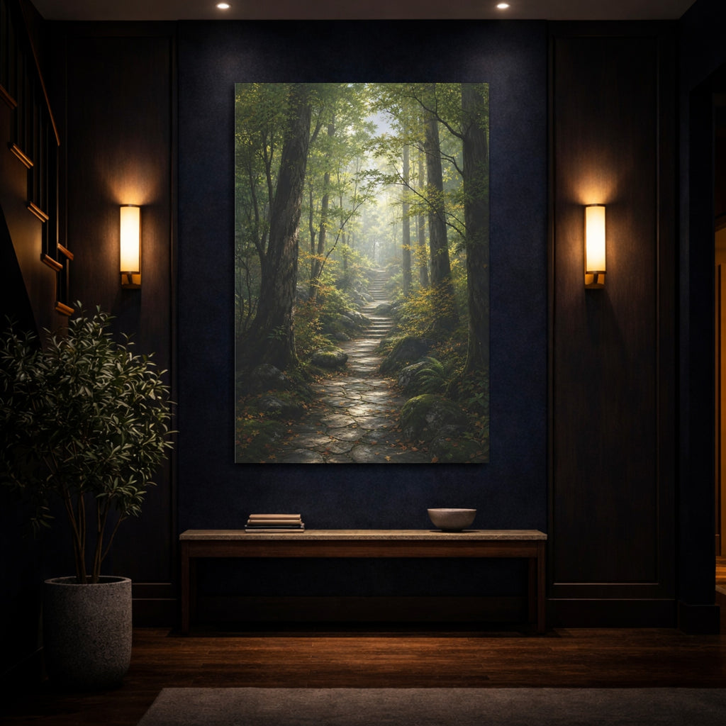 Mockup 4. Nature Forest Path Green Forest Path shown as stretched canvas wall art