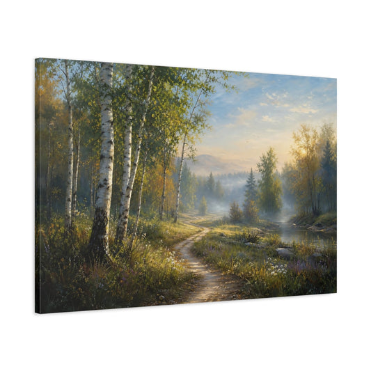 Main Mockup. Nature Forest Path Misty Forest Landscape shown as stretched canvas wall art