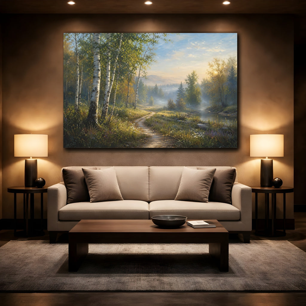 Mockup 2. Nature Forest Path Misty Forest Landscape shown as stretched canvas wall art