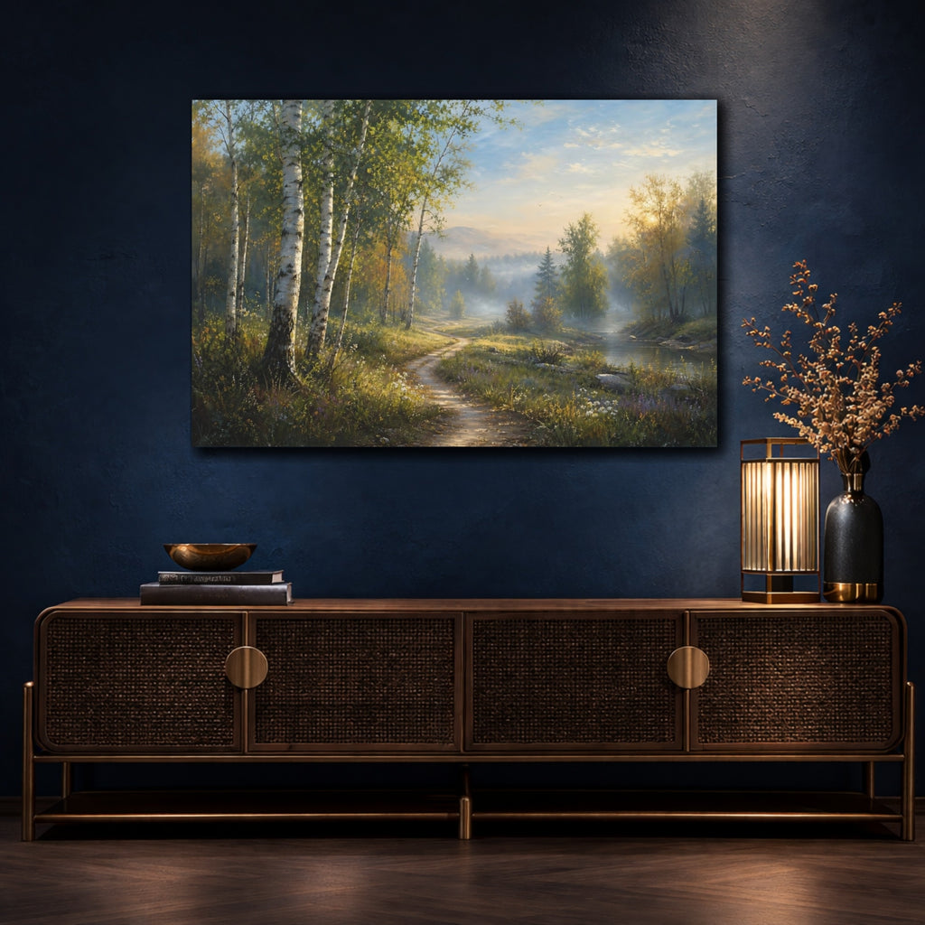 Mockup 4. Nature Forest Path Misty Forest Landscape shown as stretched canvas wall art