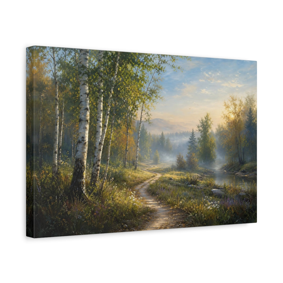 Side Mockup 4. Nature Forest Path Misty Forest Landscape shown as stretched canvas wall art