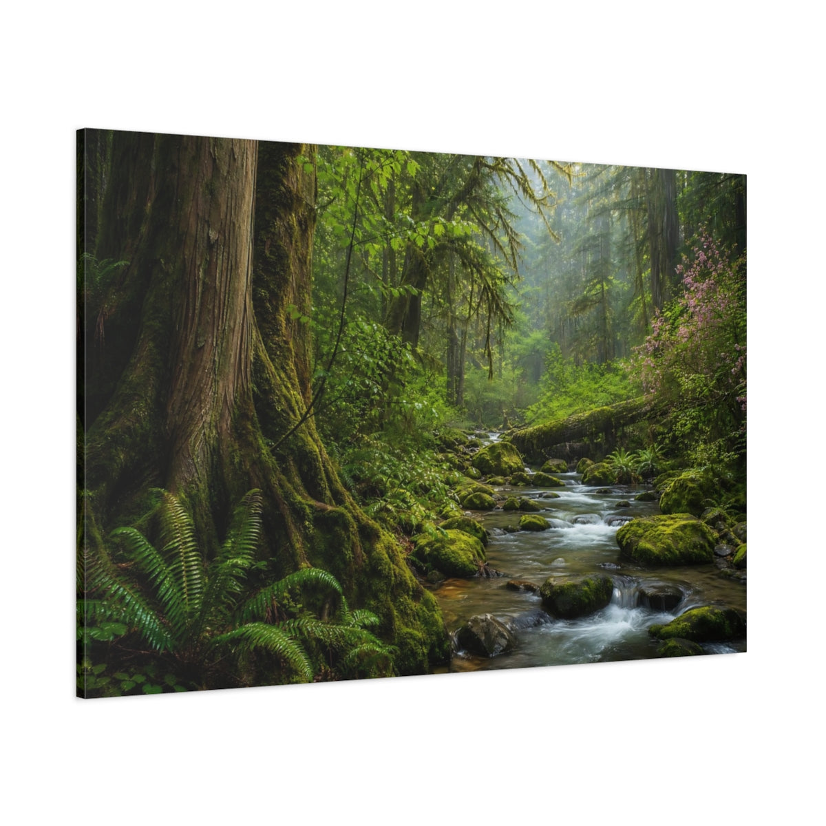 Side Mockup 1. Nature Forest River Green Forest shown as stretched canvas wall art
