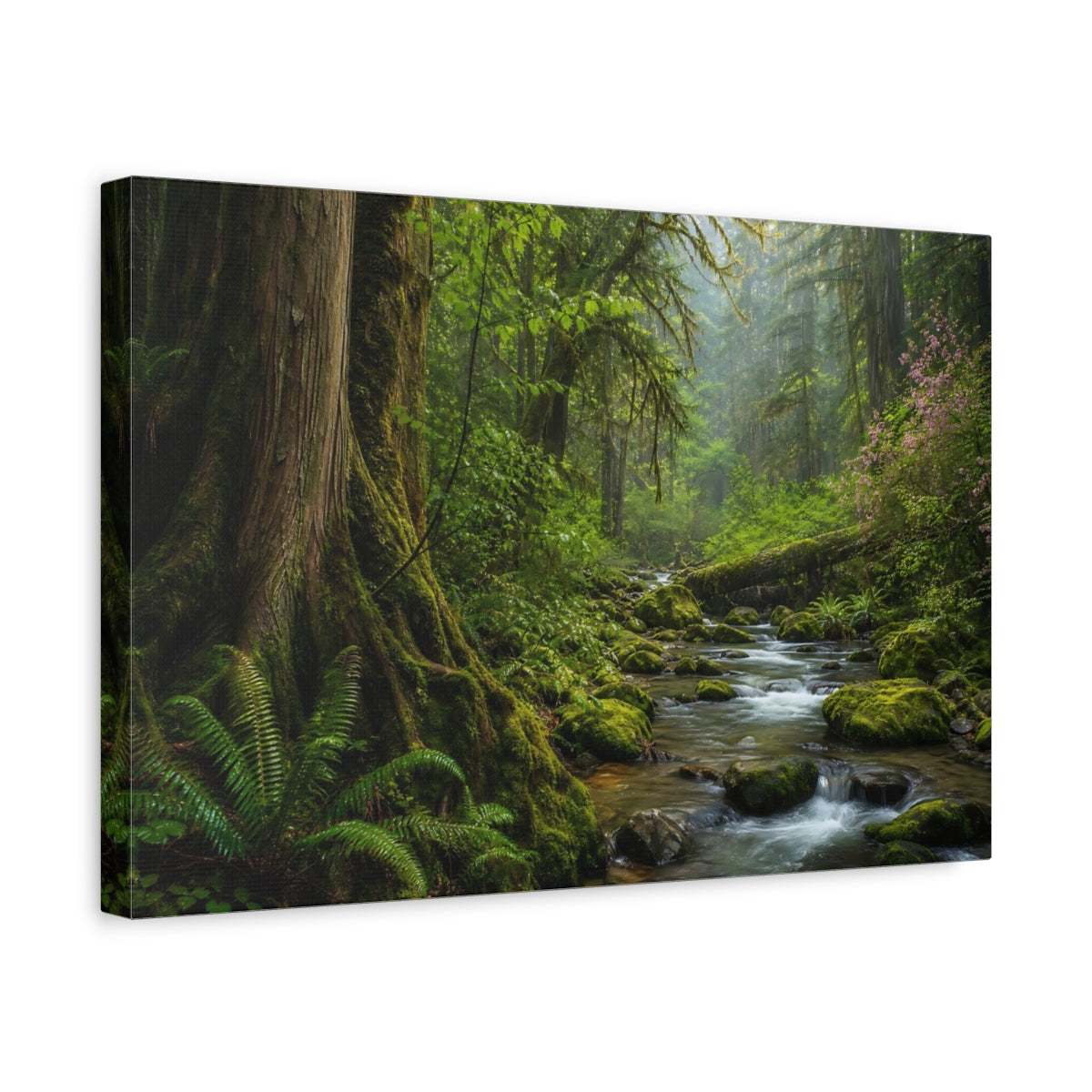 Side Mockup 4. Nature Forest River Green Forest shown as stretched canvas wall art