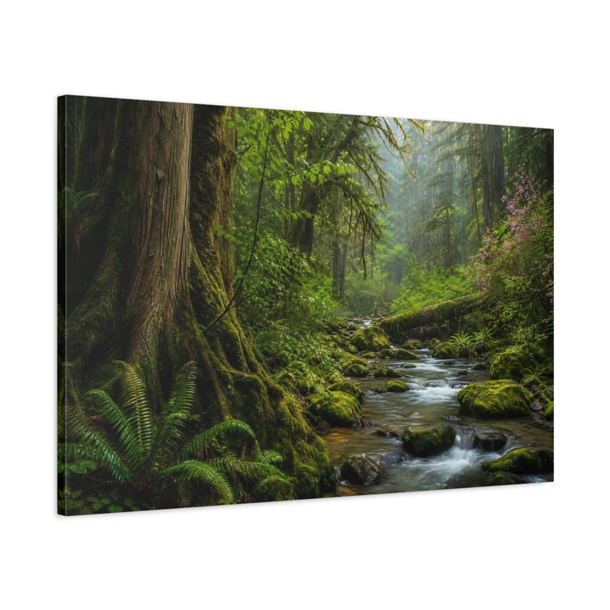 Main Mockup. Nature Forest River Green Forest shown as stretched canvas wall art