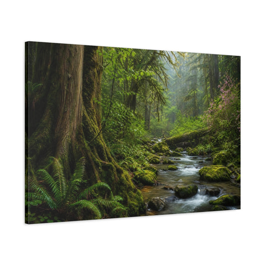 Main Mockup. Nature Forest River Green Forest shown as stretched canvas wall art