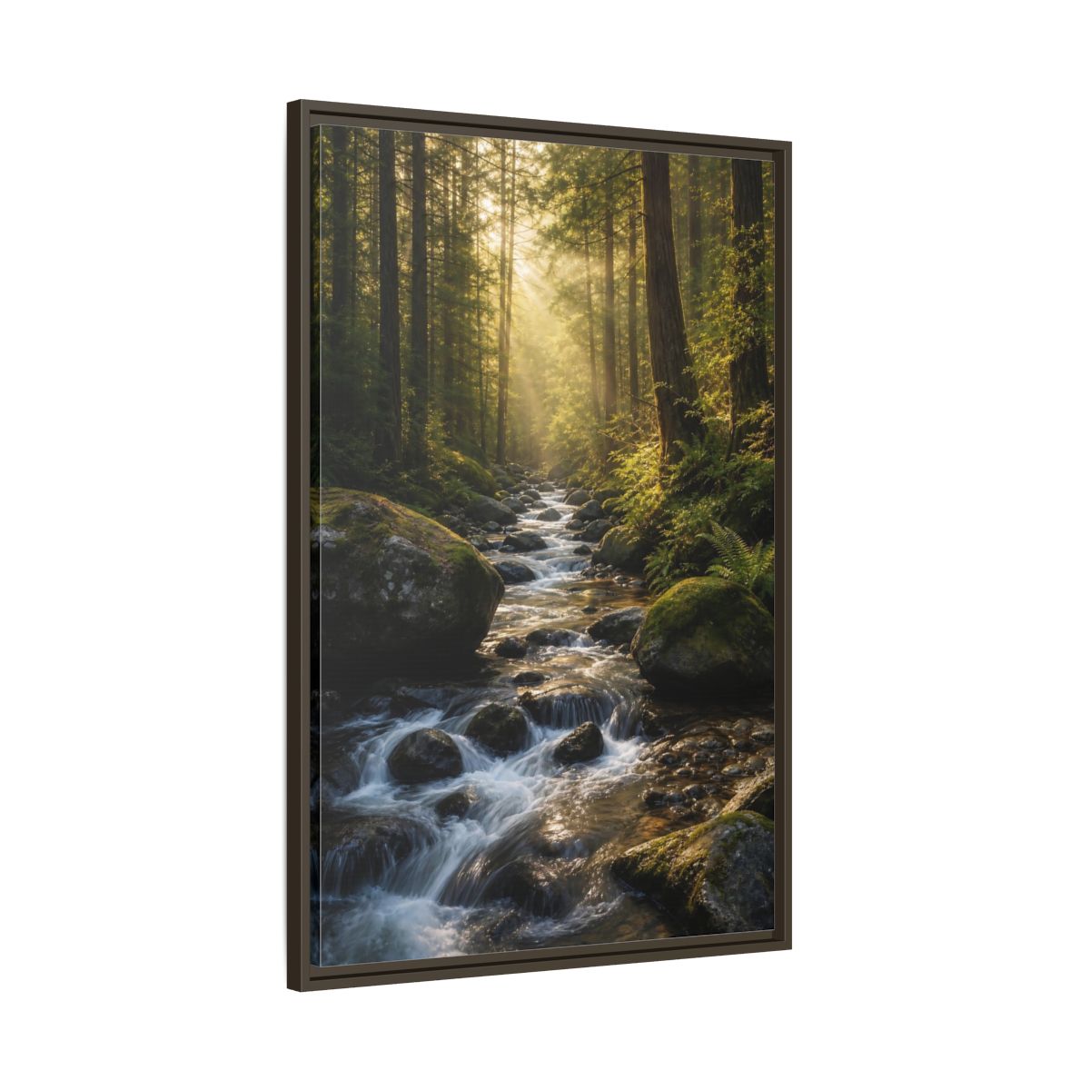 Nature Forest River Green Framed Canvas Wall Art - Realistic Living Room, Above Fireplace shown as canvas wall art