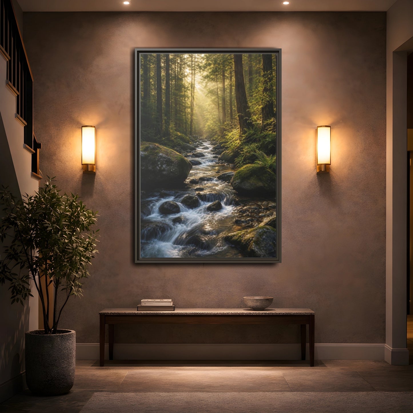 Nature Forest River Green Framed Canvas Wall Art - Realistic Living Room, Above Fireplace shown as canvas wall art