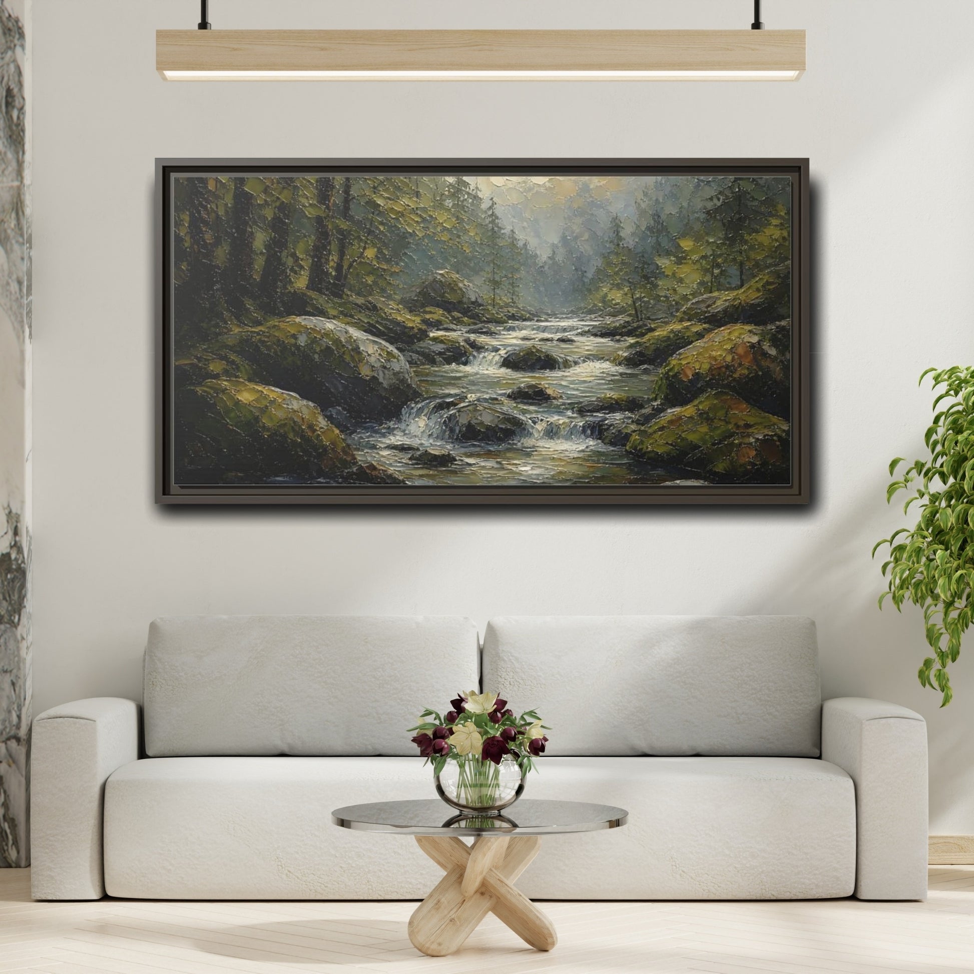 Mockup 2. Nature Forest River Green Forest River shown as stretched canvas wall art