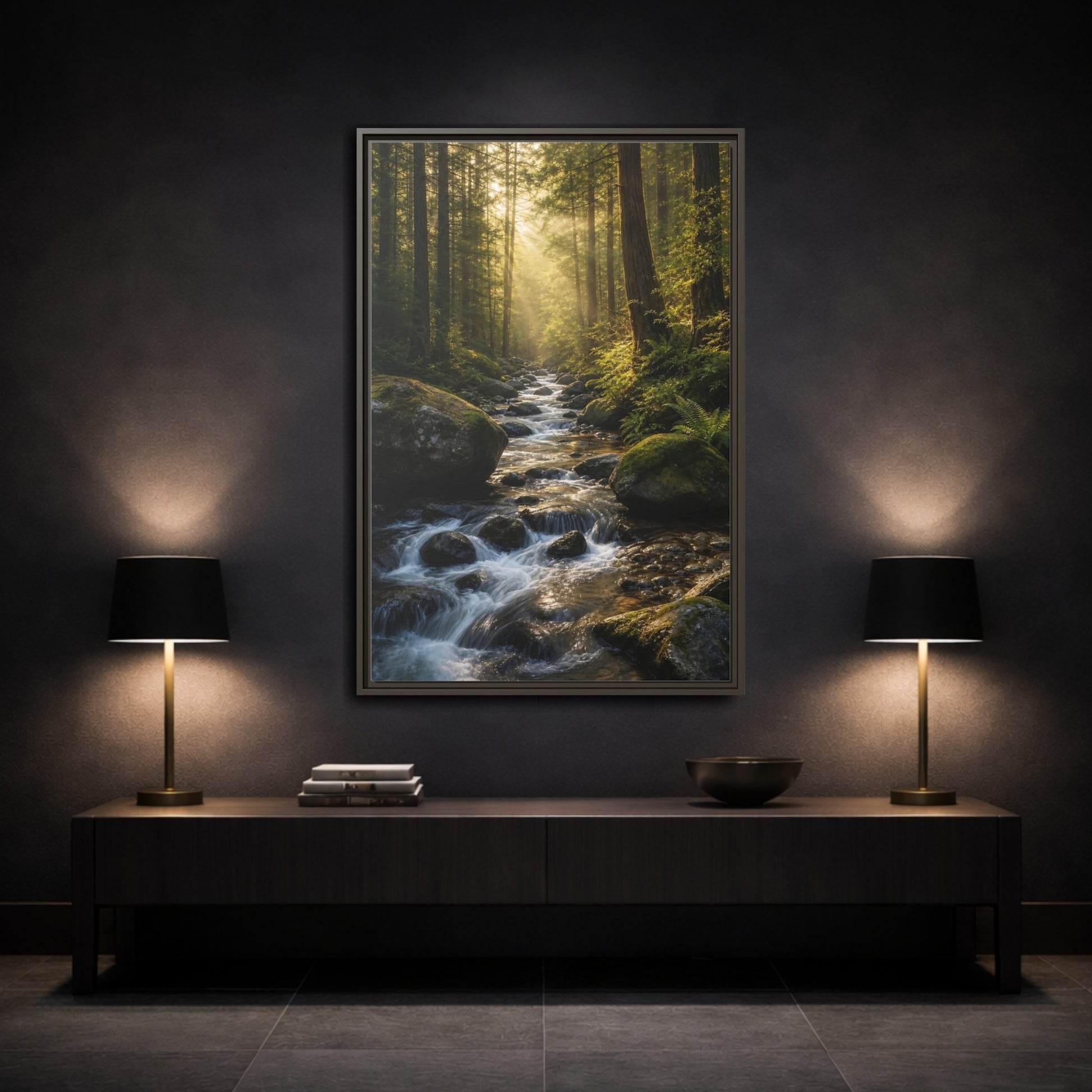 Nature Forest River Green Framed Canvas Wall Art - Realistic Living Room, Above Fireplace shown as canvas wall art