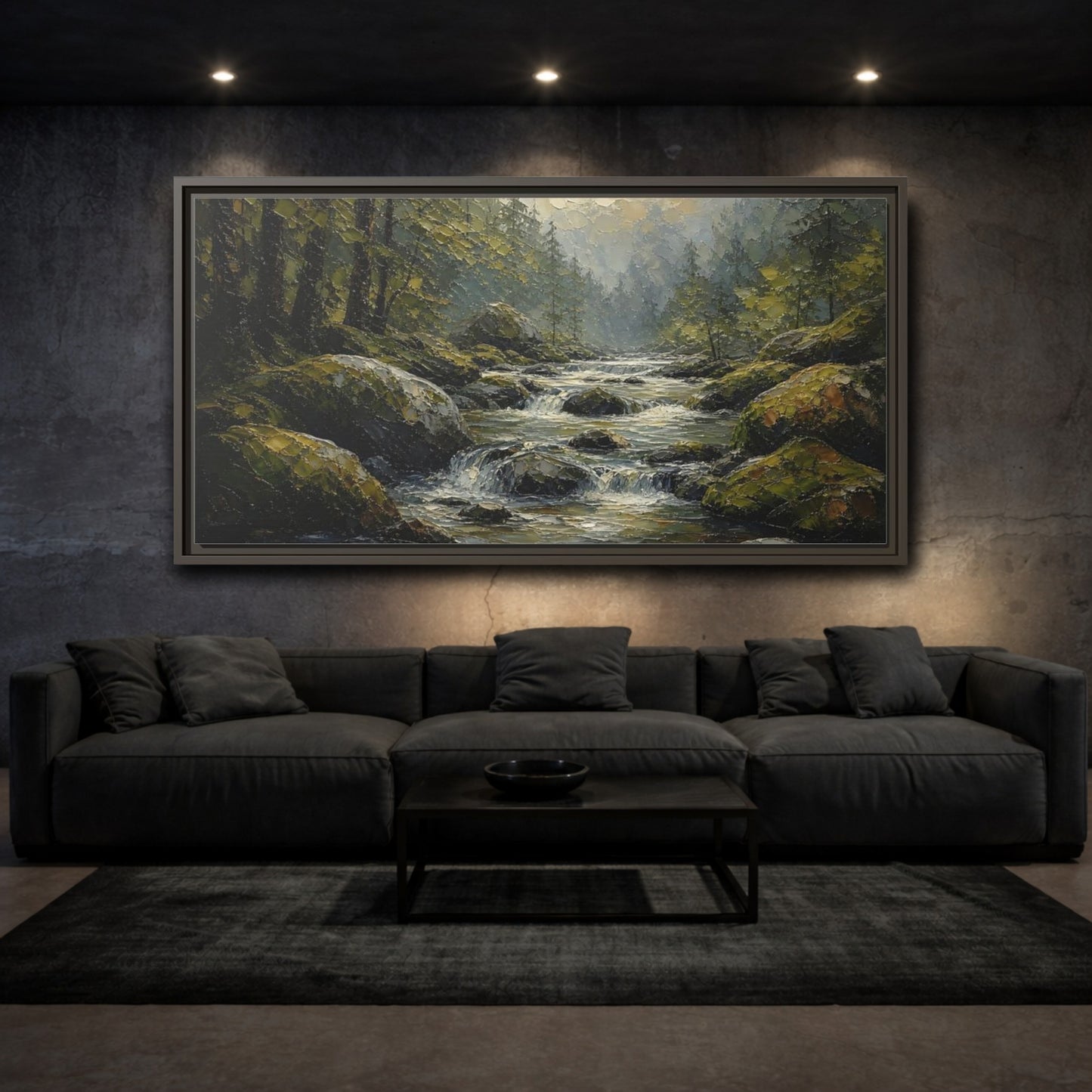 Mockup 3. Nature Forest River Green Forest River shown as stretched canvas wall art