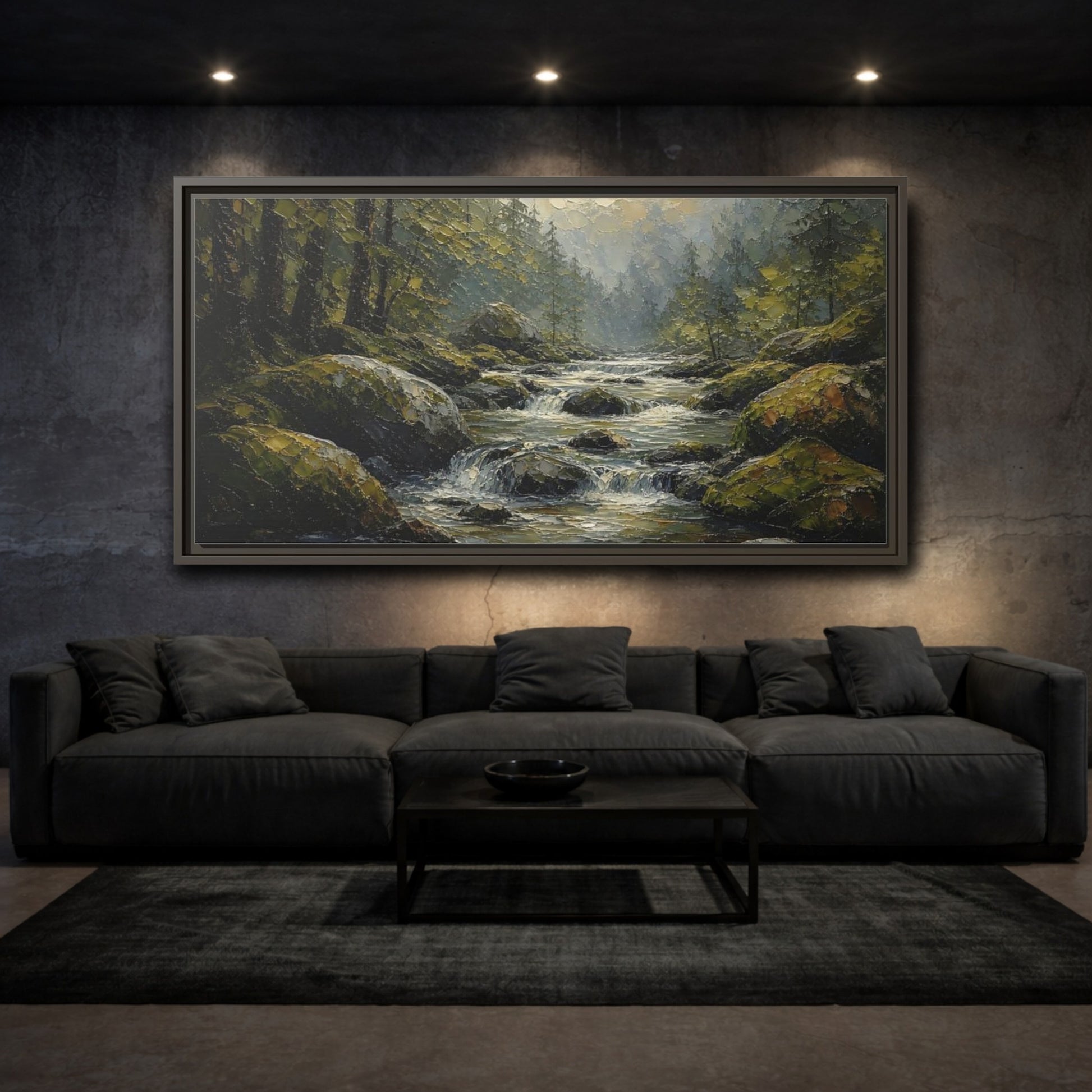 Mockup 3. Nature Forest River Green Forest River shown as stretched canvas wall art