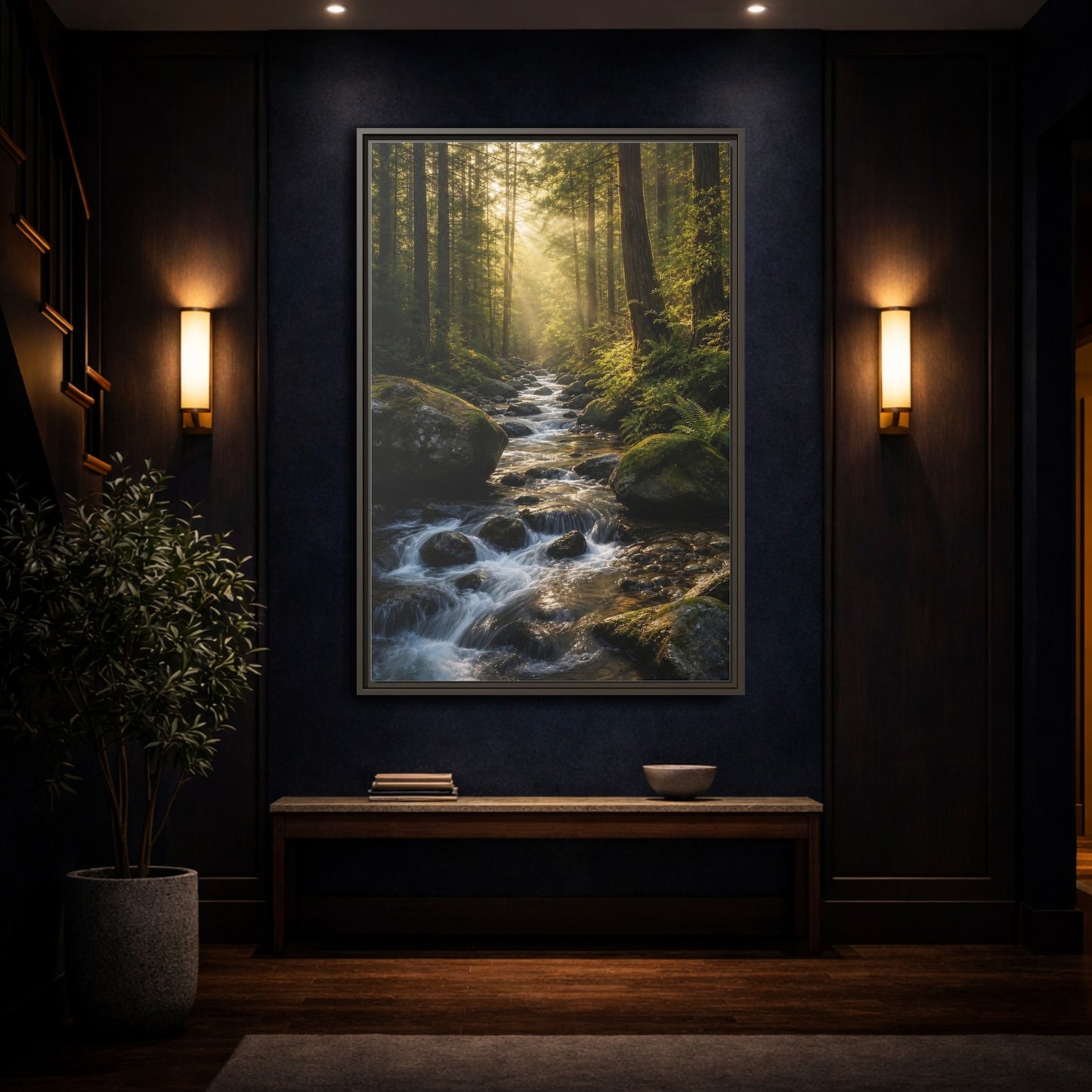 Nature Forest River Green Framed Canvas Wall Art - Realistic Living Room, Above Fireplace shown as canvas wall art