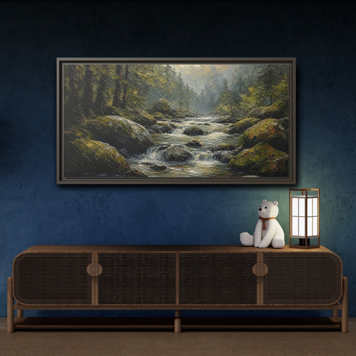 Mockup 4. Nature Forest River Green Forest River shown as stretched canvas wall art