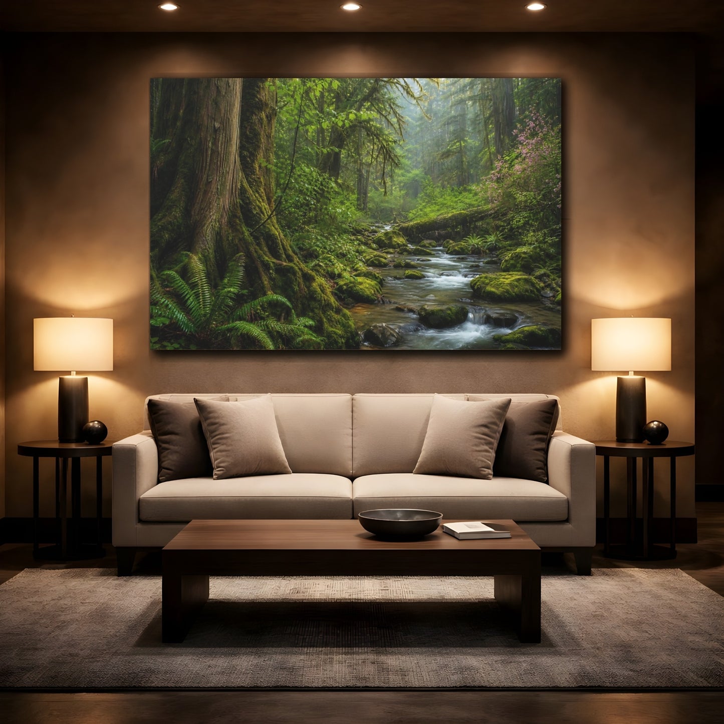 Mockup 2. Nature Forest River Green Forest shown as stretched canvas wall art