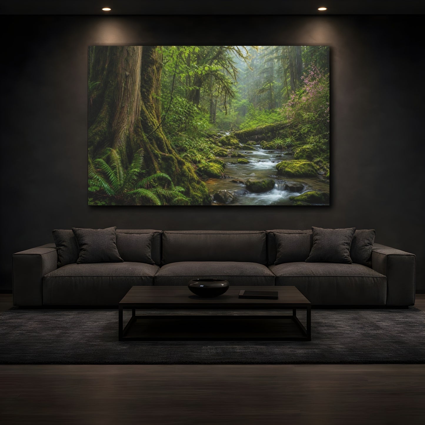 Mockup 3. Nature Forest River Green Forest shown as stretched canvas wall art