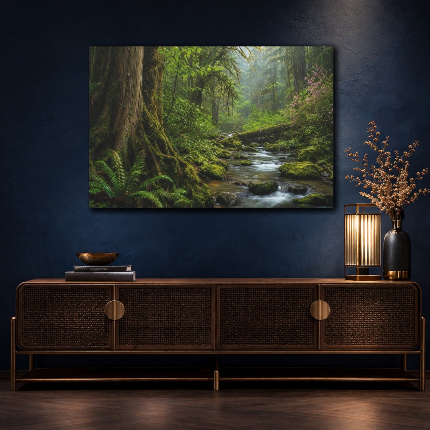 Mockup 4. Nature Forest River Green Forest shown as stretched canvas wall art