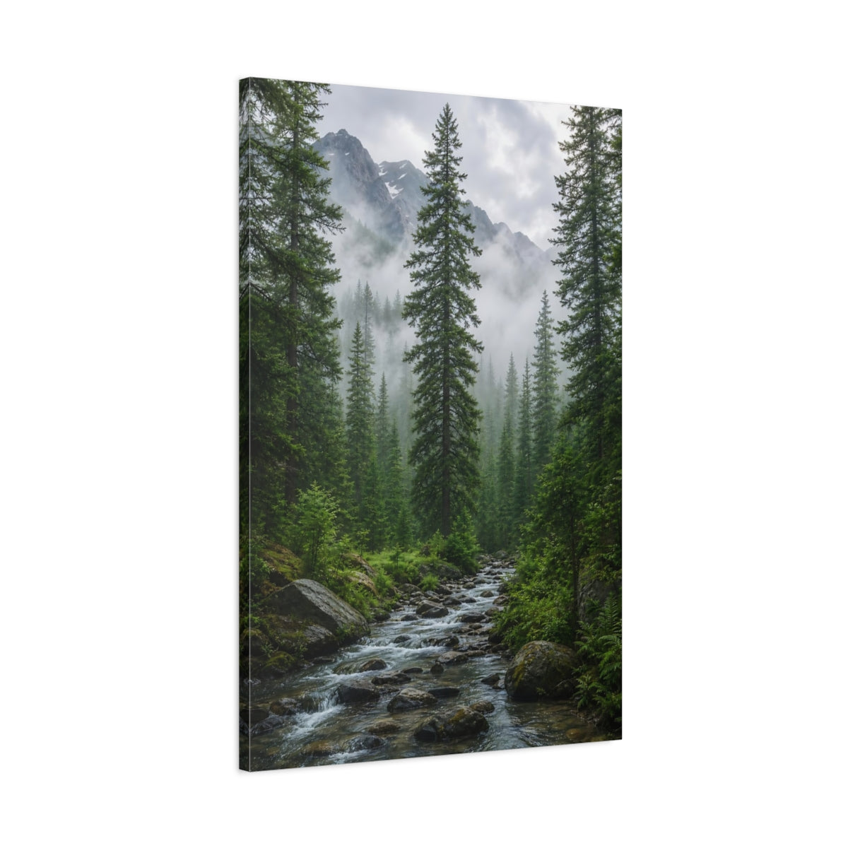 Main Mockup. Nature Forest River Green Forest Stream shown as stretched canvas wall art