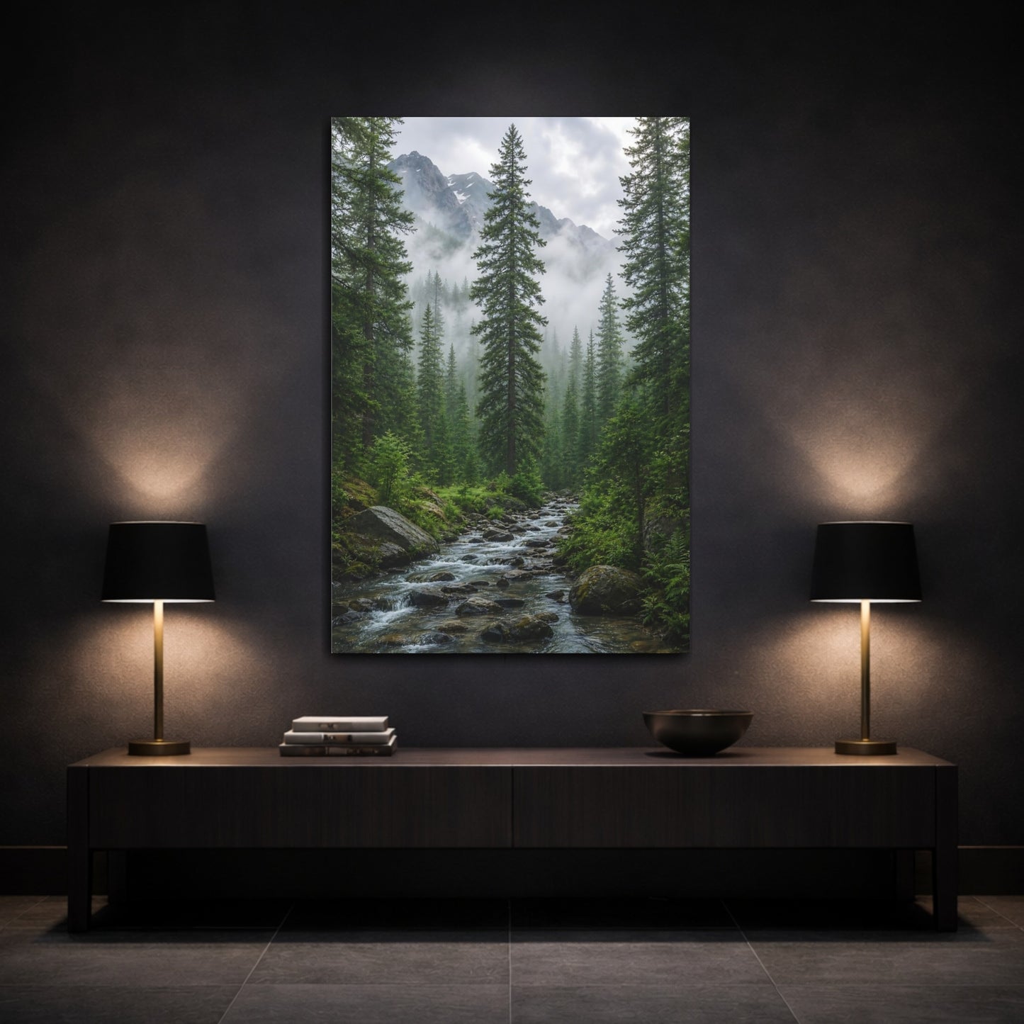 Mockup 3. Nature Forest River Green Forest Stream shown as stretched canvas wall art