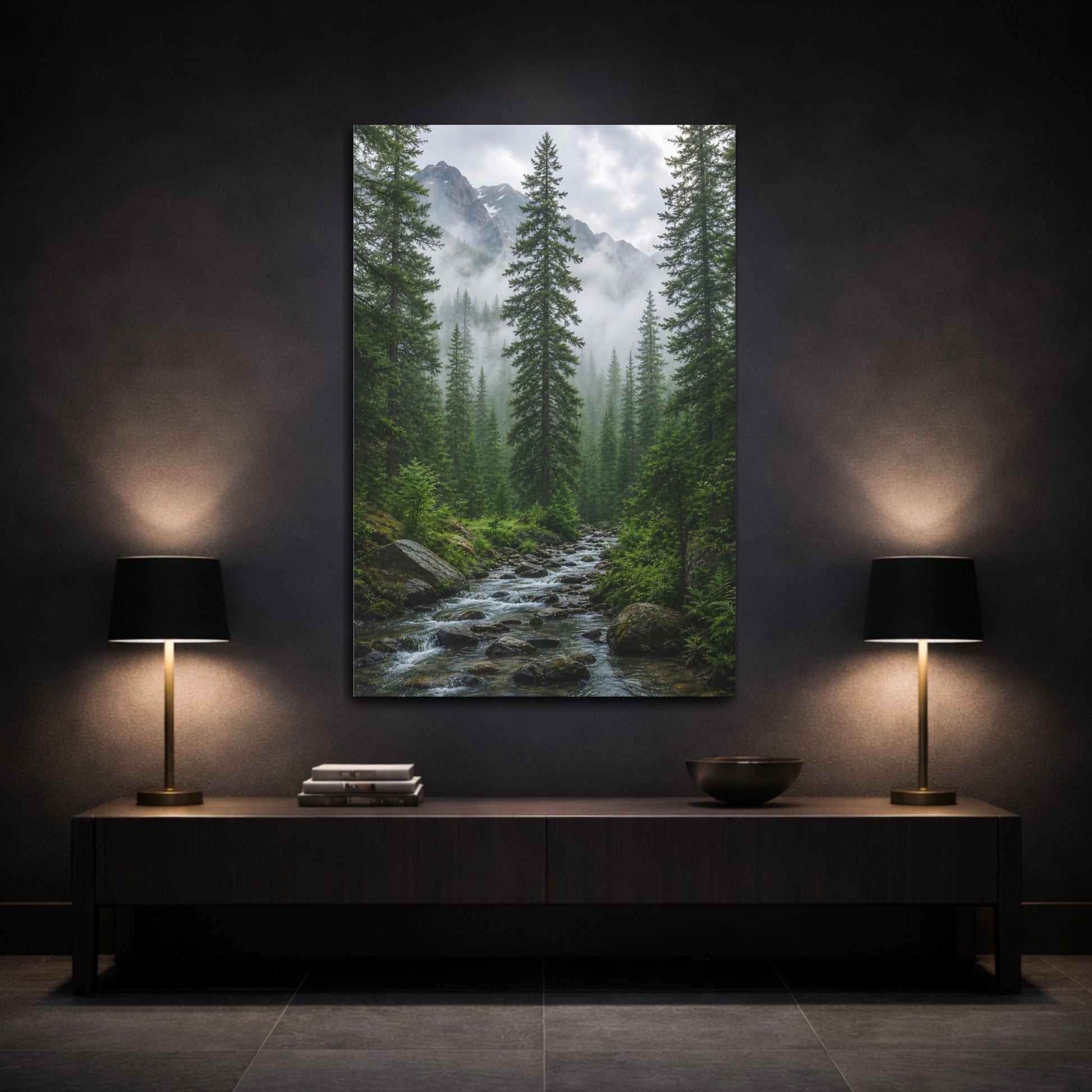 Mockup 3. Nature Forest River Green Forest Stream shown as stretched canvas wall art