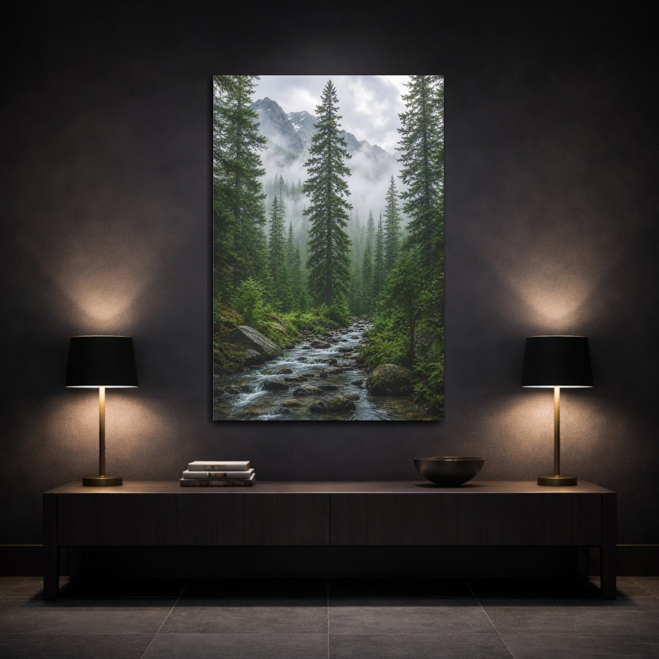 Mockup 3. Nature Forest River Green Forest Stream shown as stretched canvas wall art