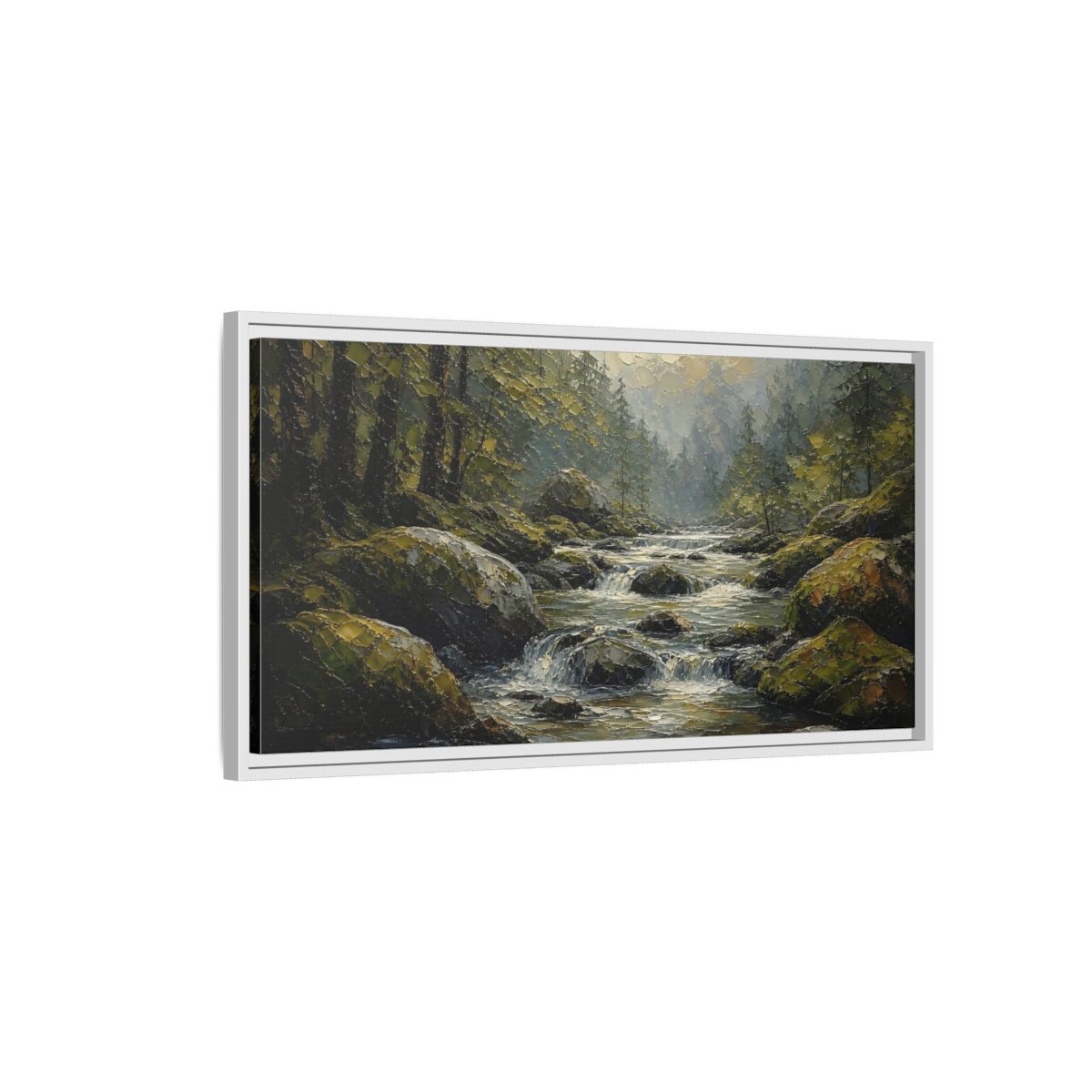 Side Mockup 1. Nature Forest River Green Forest River shown as stretched canvas wall art