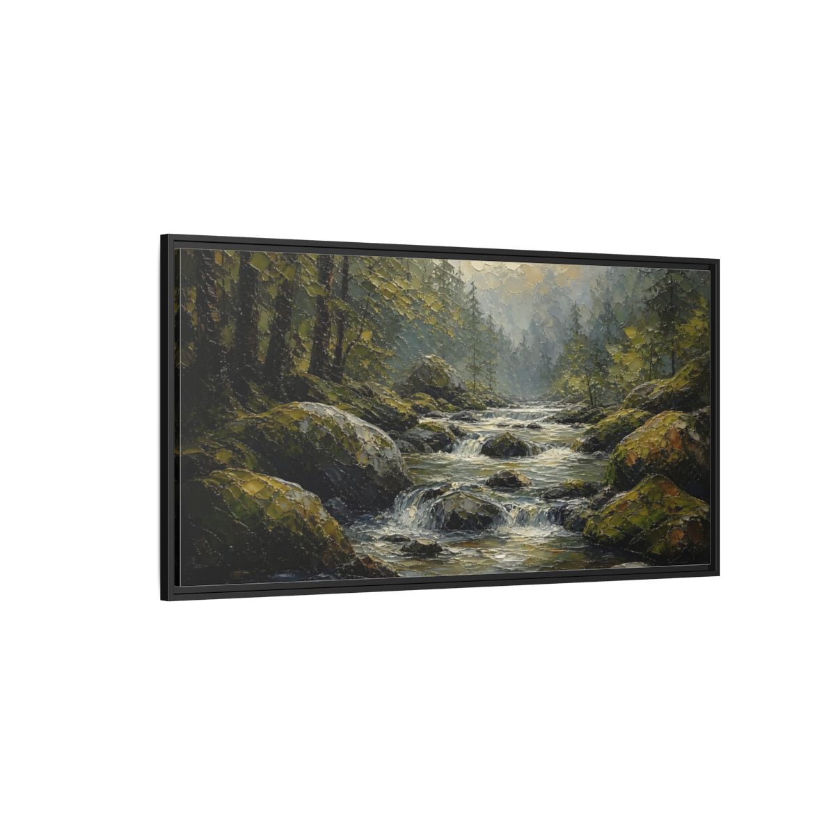 Side Mockup 5. Nature Forest River Green Forest River shown as stretched canvas wall art
