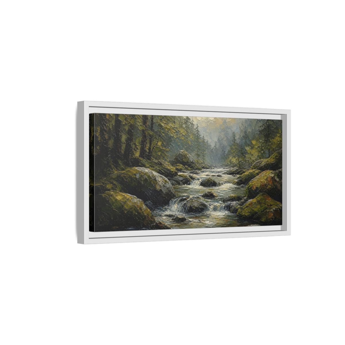 Side Mockup 6. Nature Forest River Green Forest River shown as stretched canvas wall art