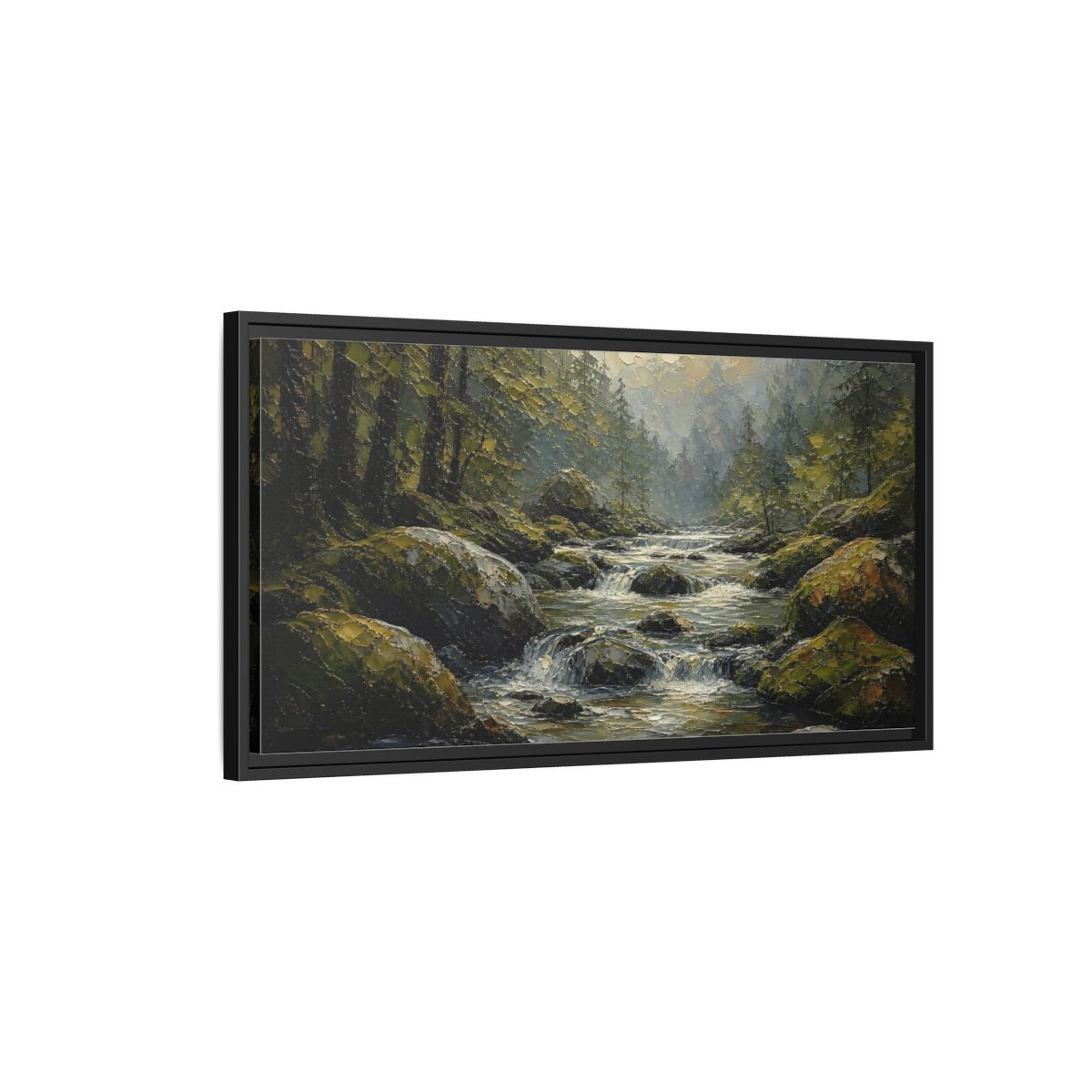 Side Mockup 2. Nature Forest River Green Forest River shown as stretched canvas wall art