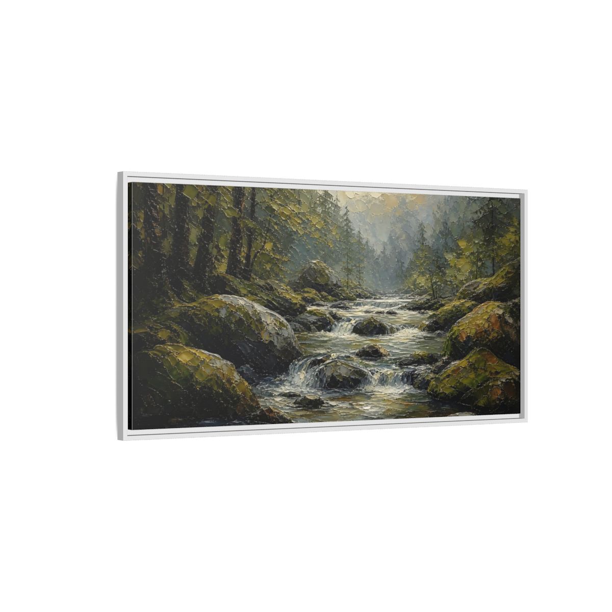 Side Mockup 3. Nature Forest River Green Forest River shown as stretched canvas wall art