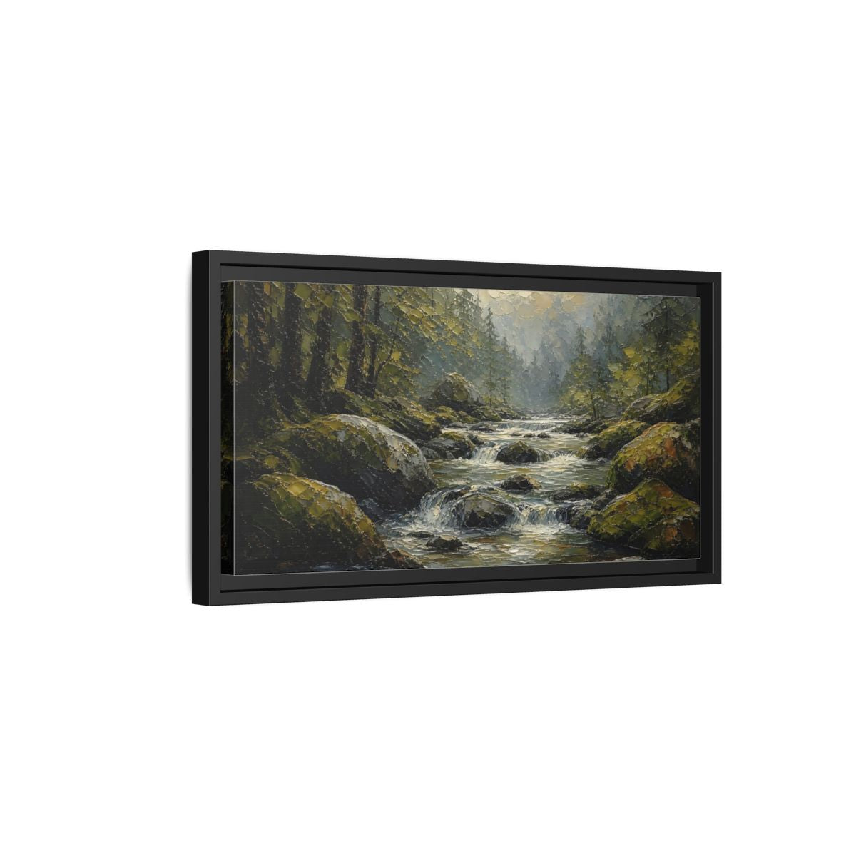 Side Mockup 8. Nature Forest River Green Forest River shown as stretched canvas wall art